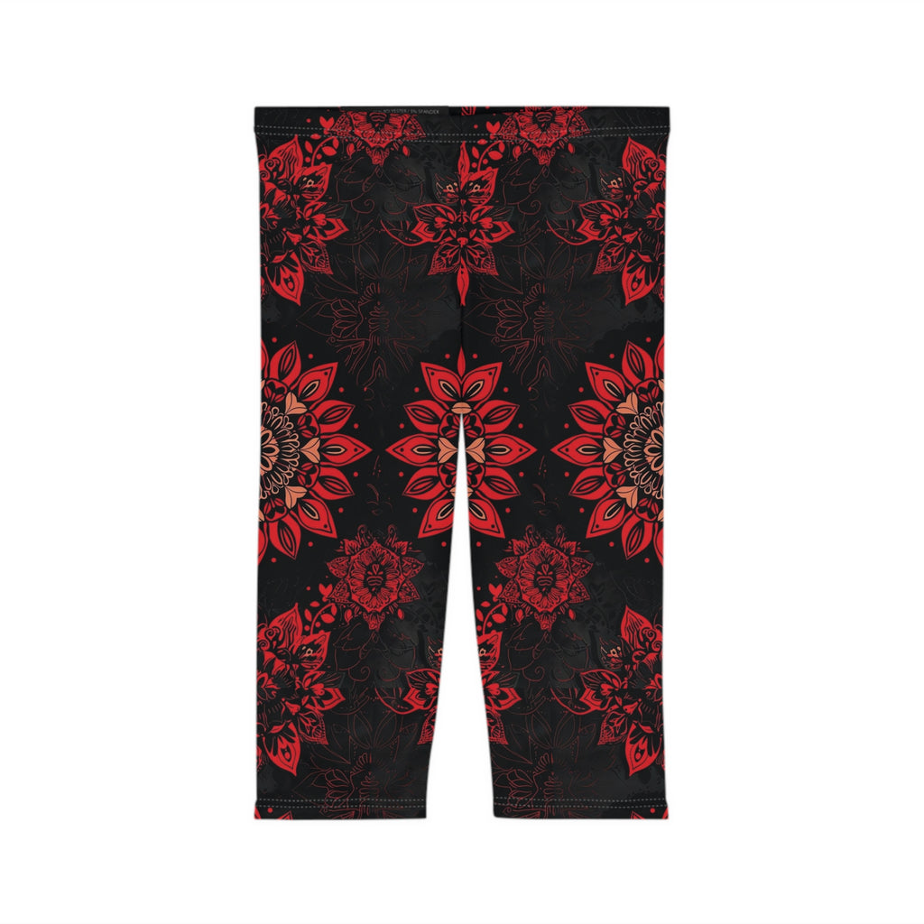 Red Mandala Capri Leggings — Floral Boho Yoga Capris for Women