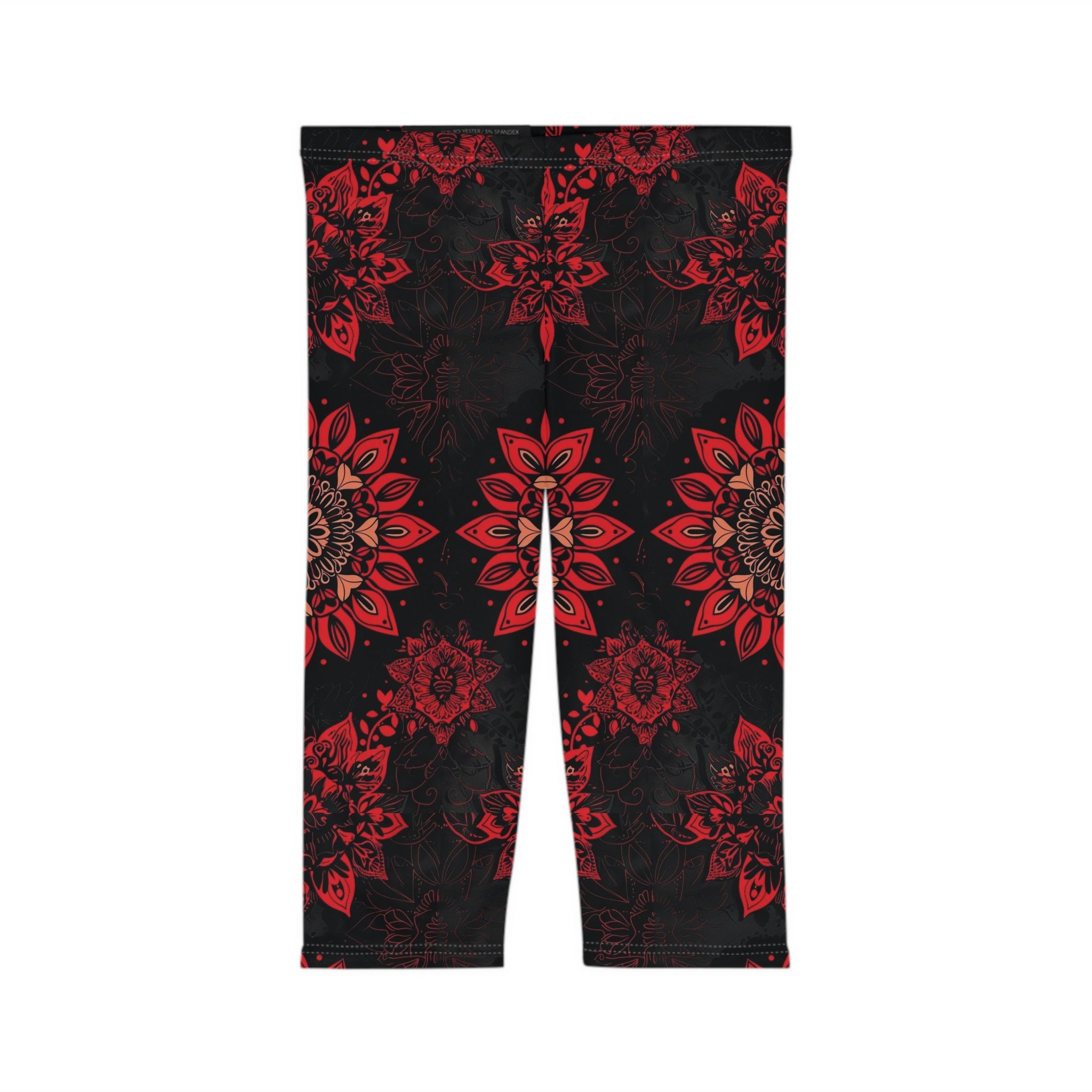 Red Mandala Capri Leggings — Floral Boho Yoga Capris for Women