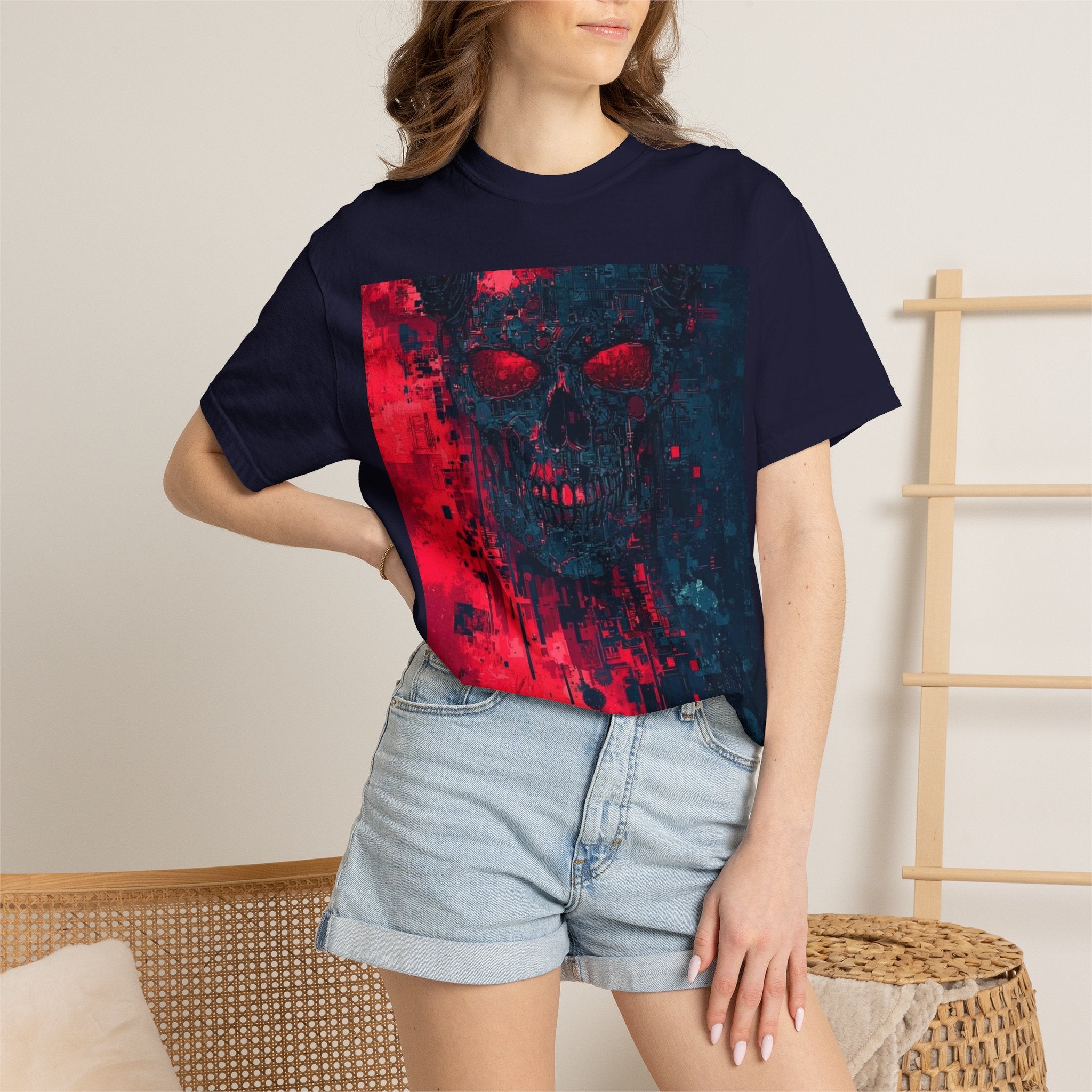 Skull Nebula Graphic T-Shirt — Red & Blue Grunge Horror Design