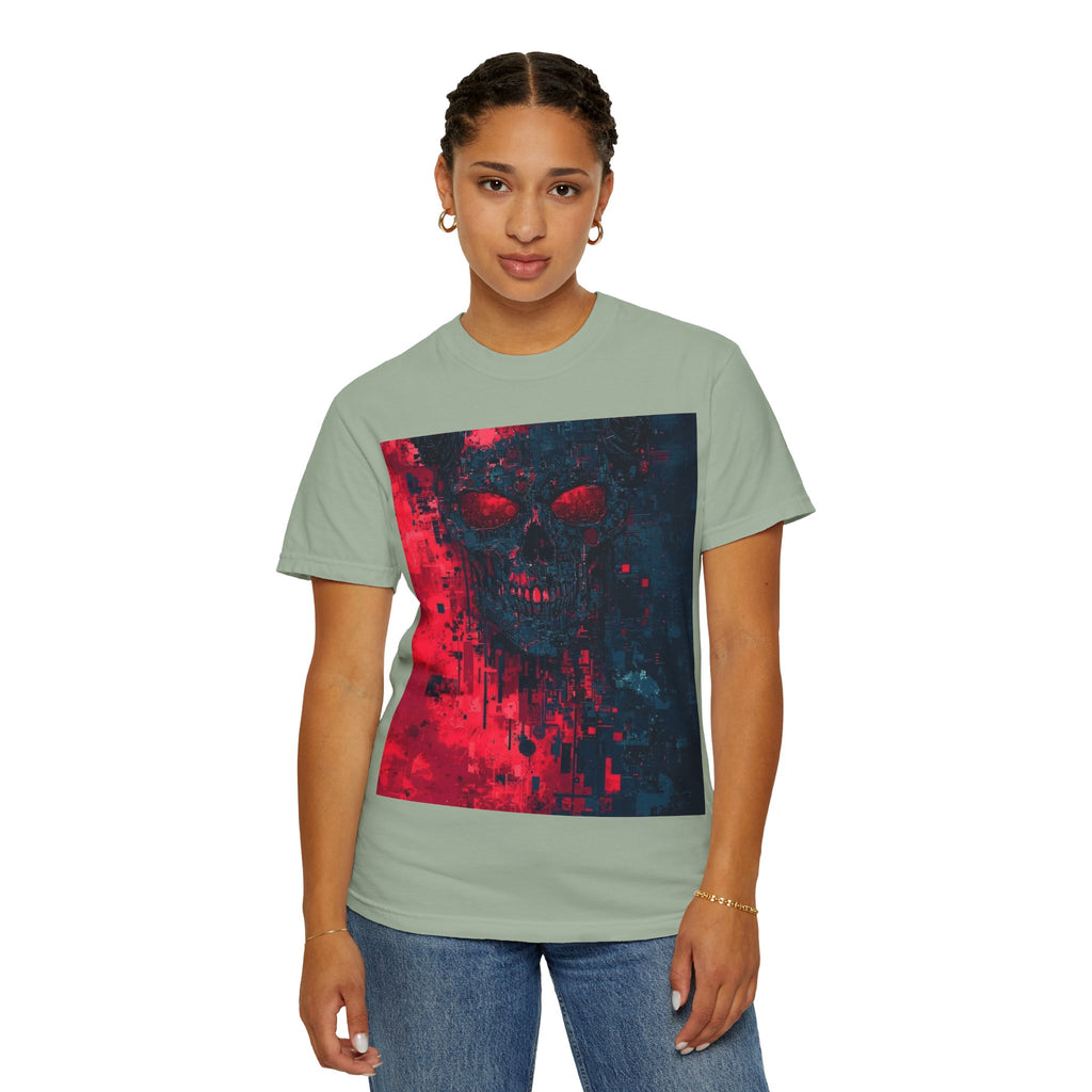 Skull Nebula Graphic T-Shirt — Red & Blue Grunge Horror Design