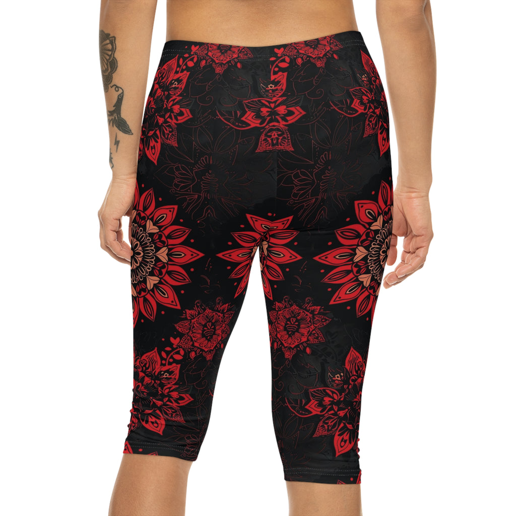 Red Mandala Capri Leggings — Floral Boho Yoga Capris for Women