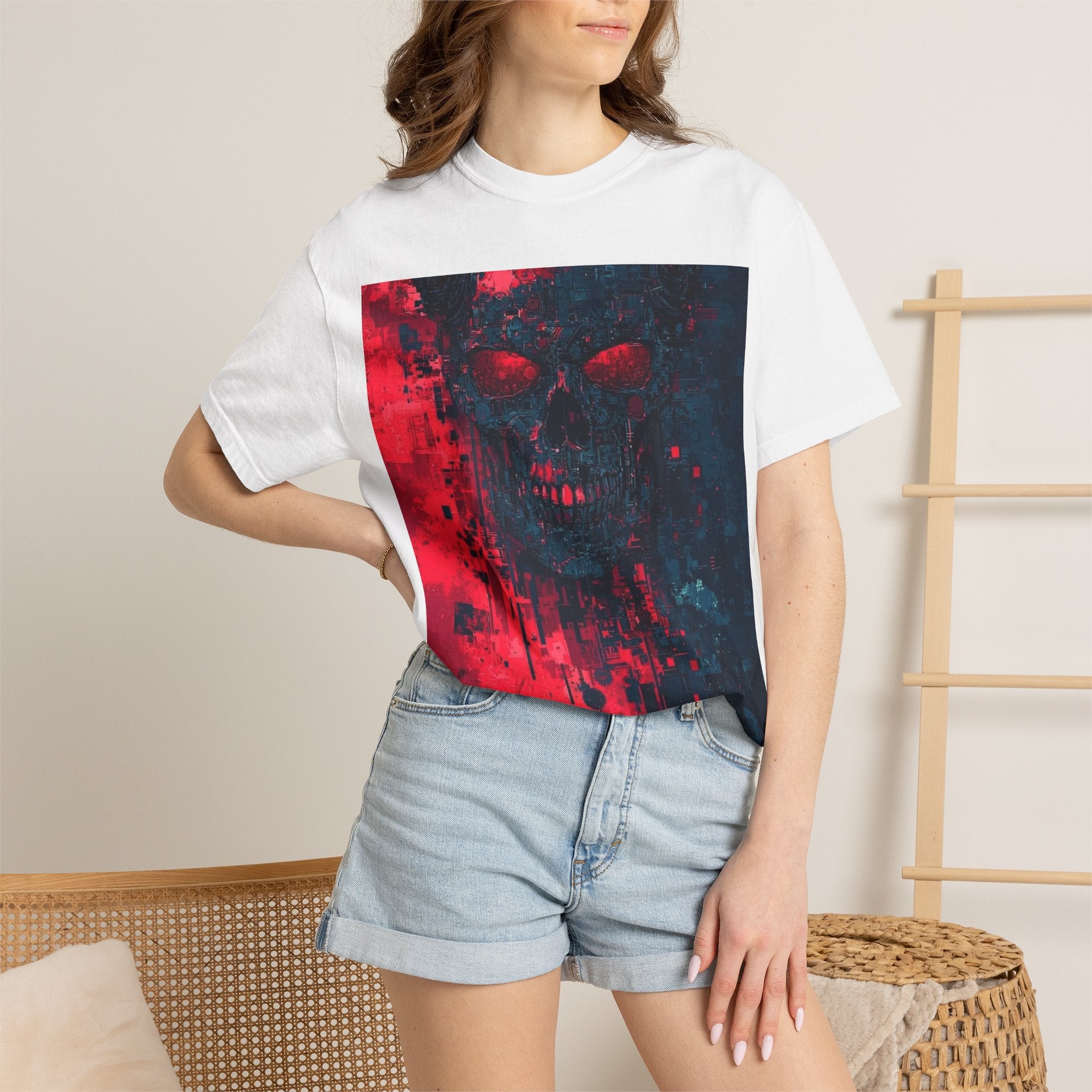 Skull Nebula Graphic T-Shirt — Red & Blue Grunge Horror Design