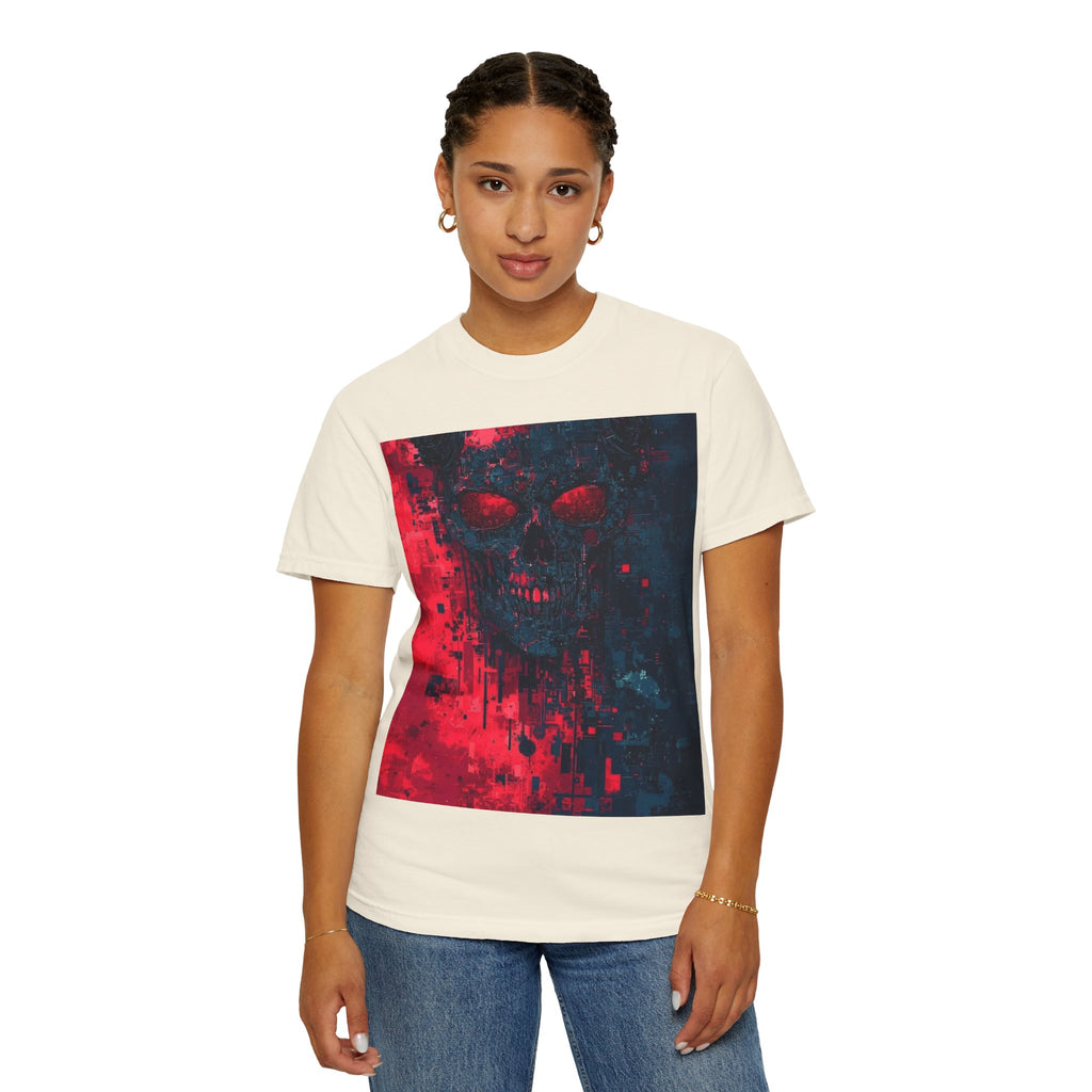 Skull Nebula Graphic T-Shirt — Red & Blue Grunge Horror Design
