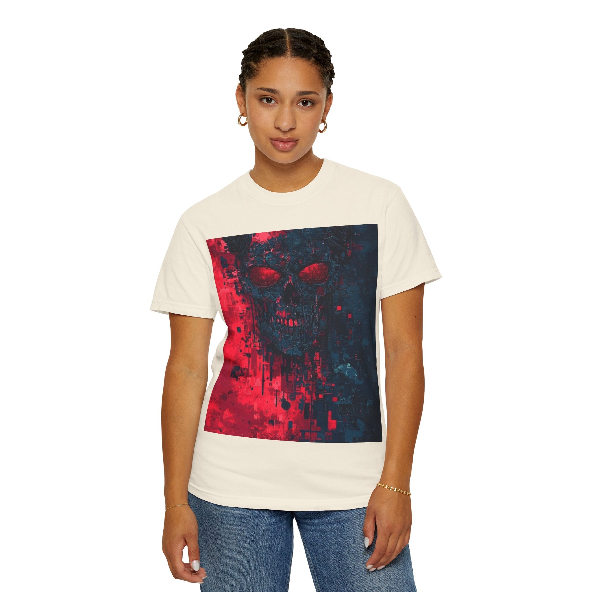 Skull Nebula Graphic T-Shirt — Red & Blue Grunge Horror Design