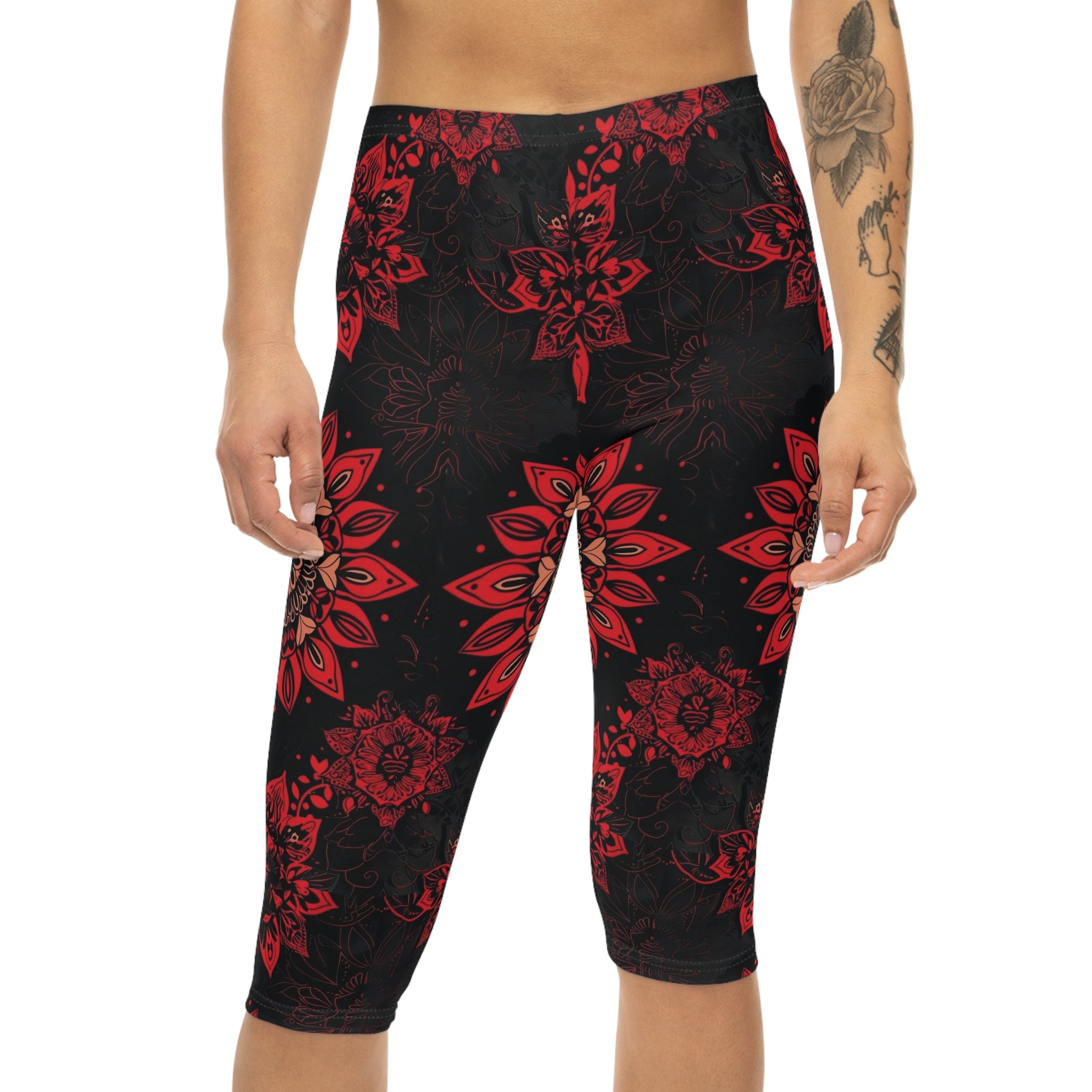 Red Mandala Capri Leggings — Floral Boho Yoga Capris for Women