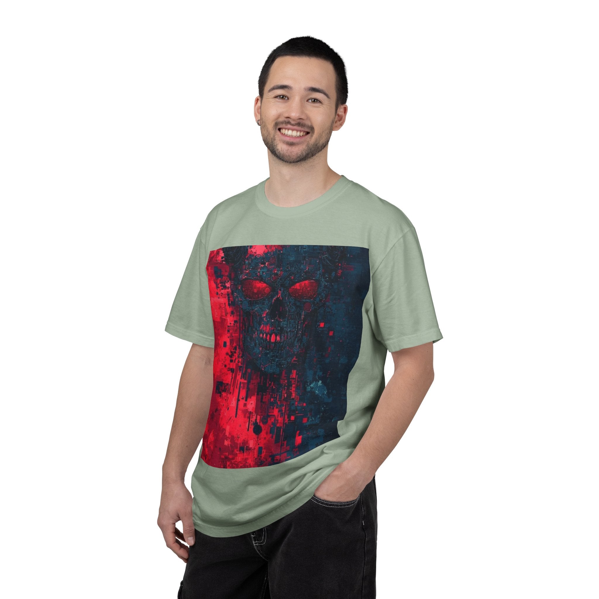 Skull Nebula Graphic T-Shirt — Red & Blue Grunge Horror Design