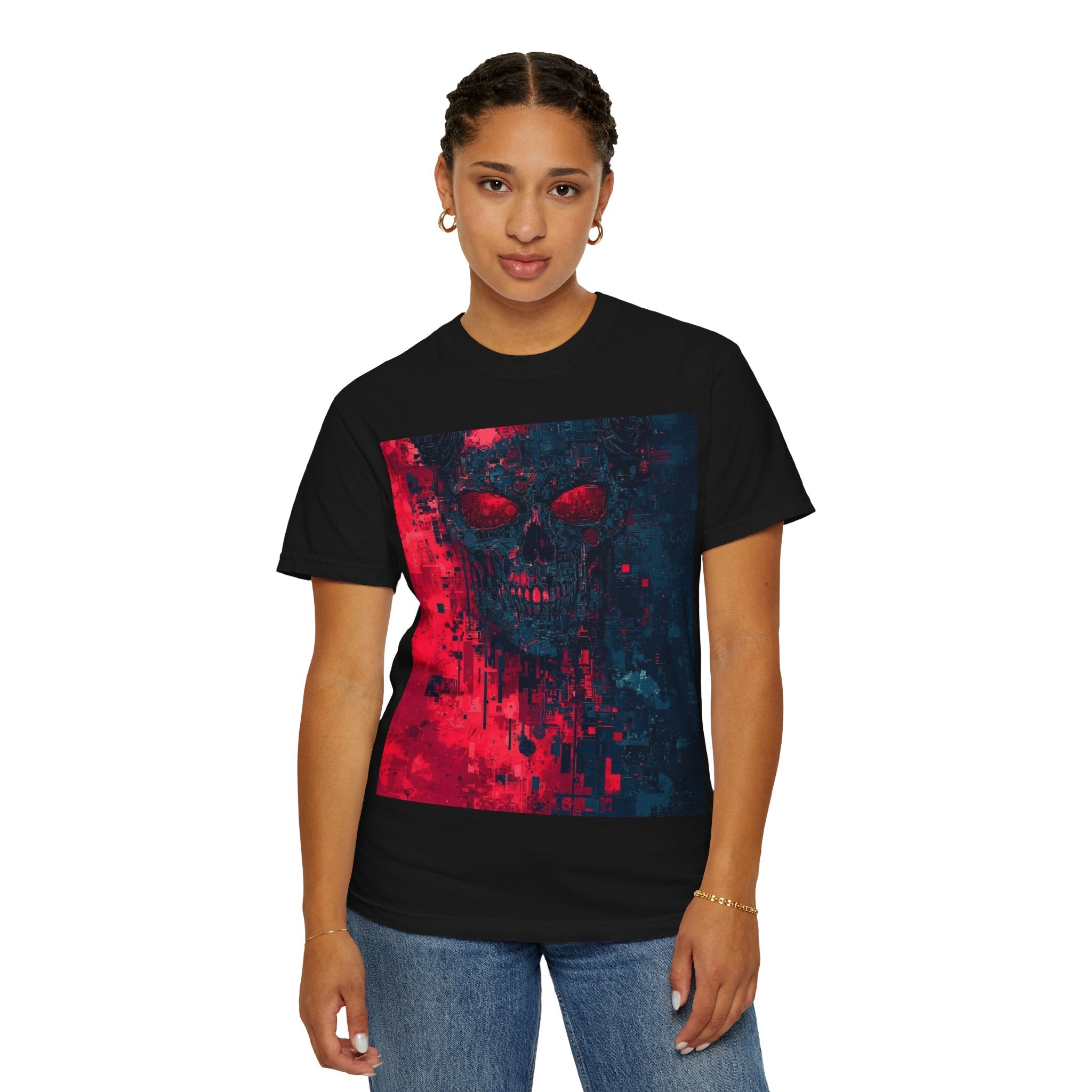 Skull Nebula Graphic T-Shirt — Red & Blue Grunge Horror Design