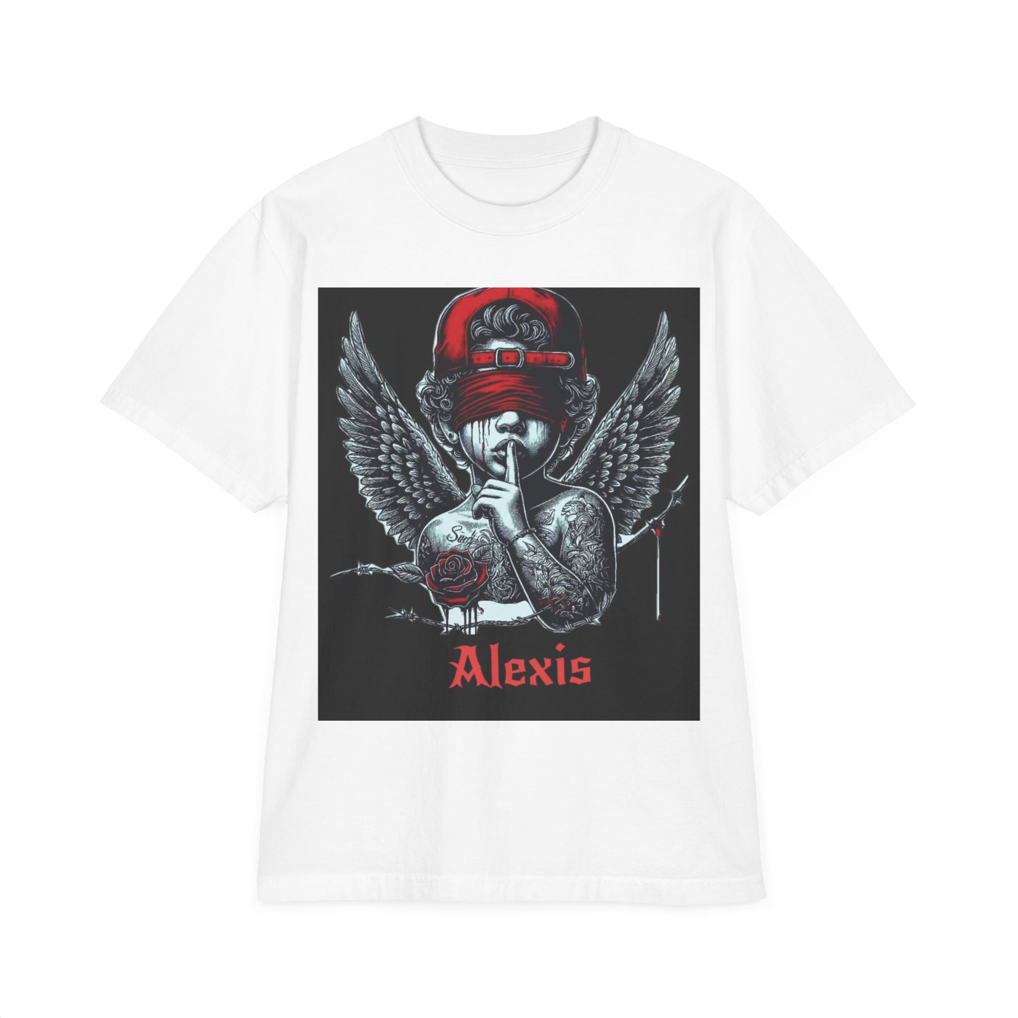 Alexis Angel Wings Graphic T-Shirt — 'Forgive Them Father' Back Print