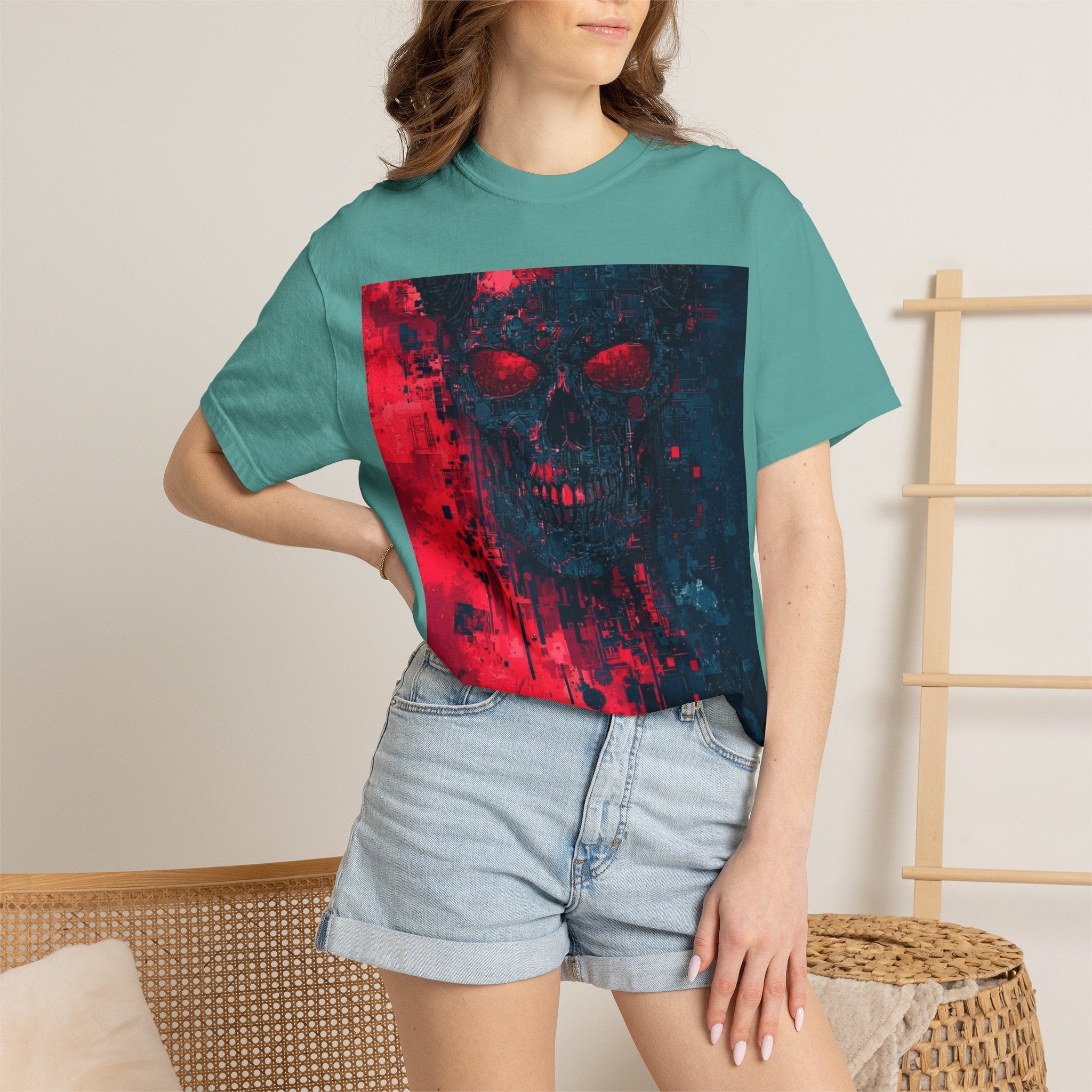 Skull Nebula Graphic T-Shirt — Red & Blue Grunge Horror Design