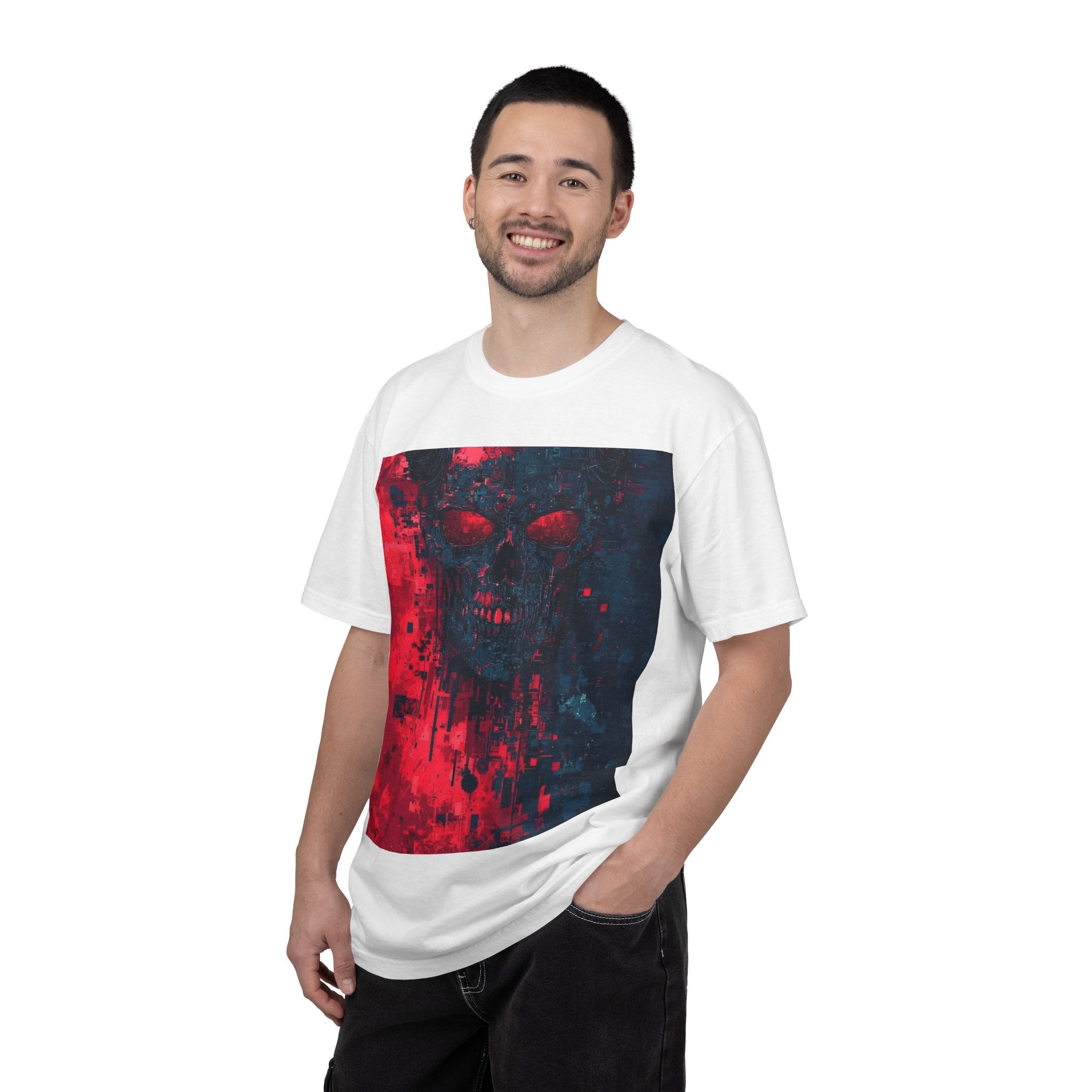 Skull Nebula Graphic T-Shirt — Red & Blue Grunge Horror Design