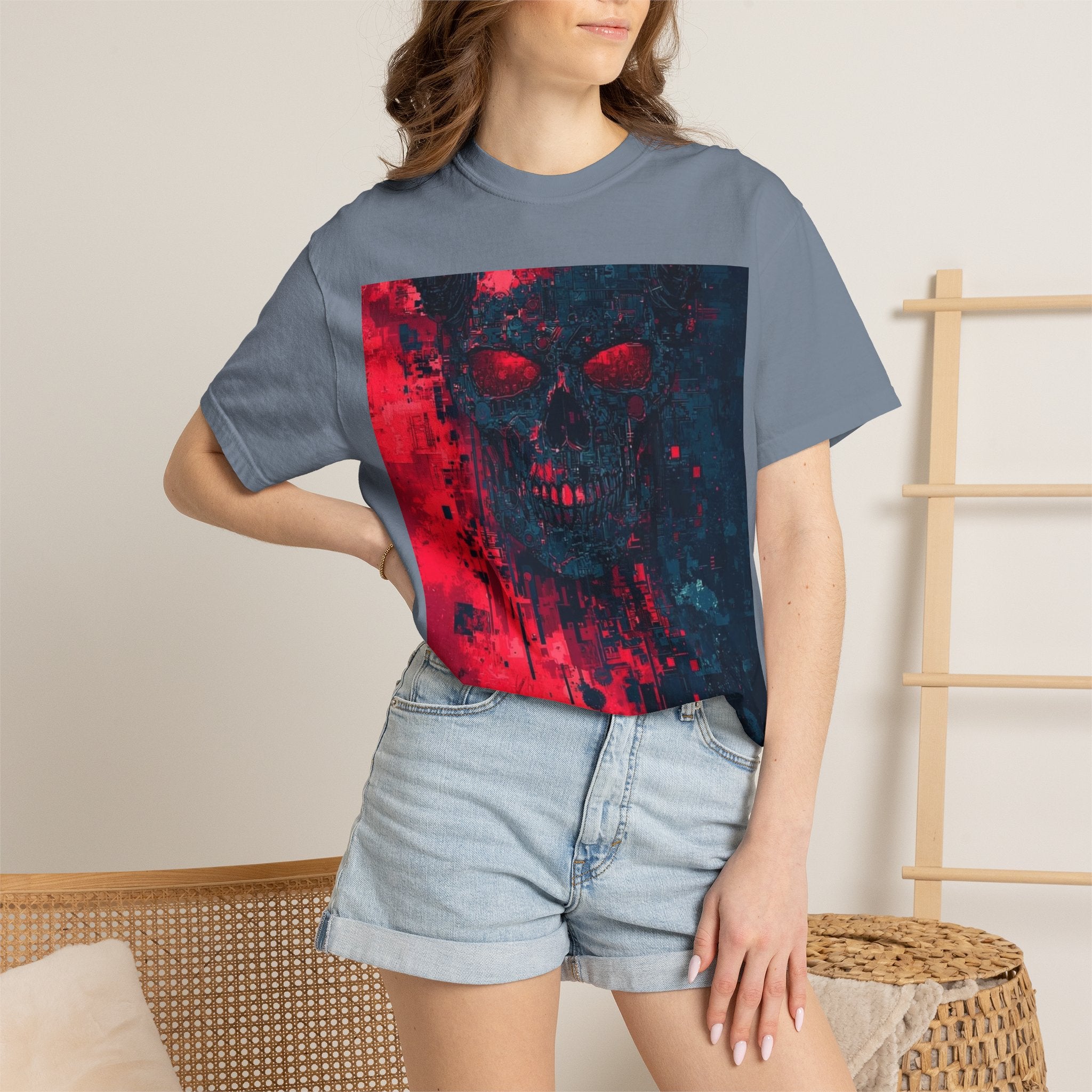 Skull Nebula Graphic T-Shirt — Red & Blue Grunge Horror Design