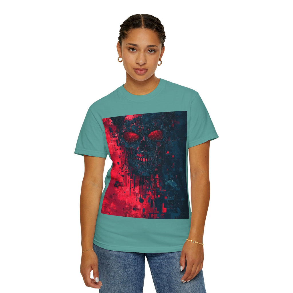 Skull Nebula Graphic T-Shirt — Red & Blue Grunge Horror Design