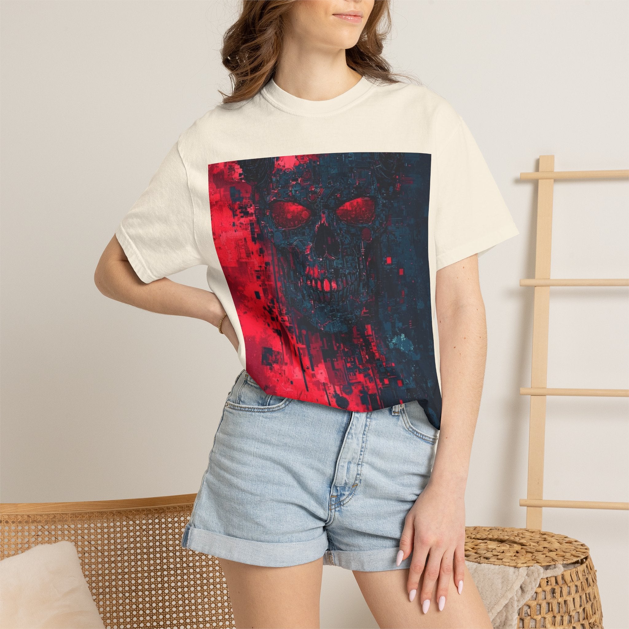 Skull Nebula Graphic T-Shirt — Red & Blue Grunge Horror Design