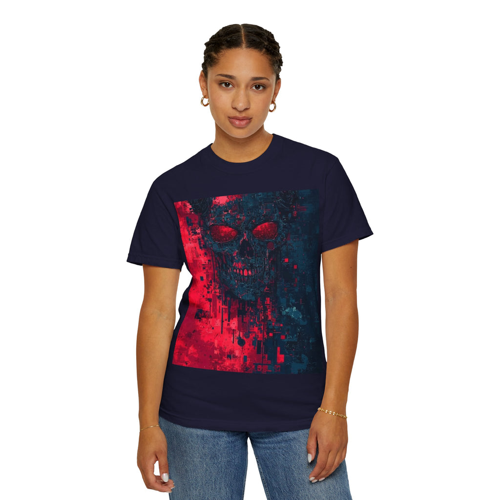 Skull Nebula Graphic T-Shirt — Red & Blue Grunge Horror Design