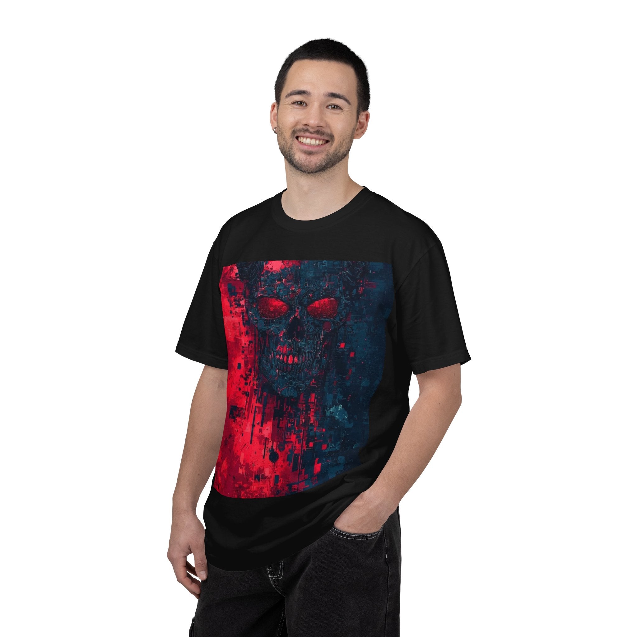Skull Nebula Graphic T-Shirt — Red & Blue Grunge Horror Design