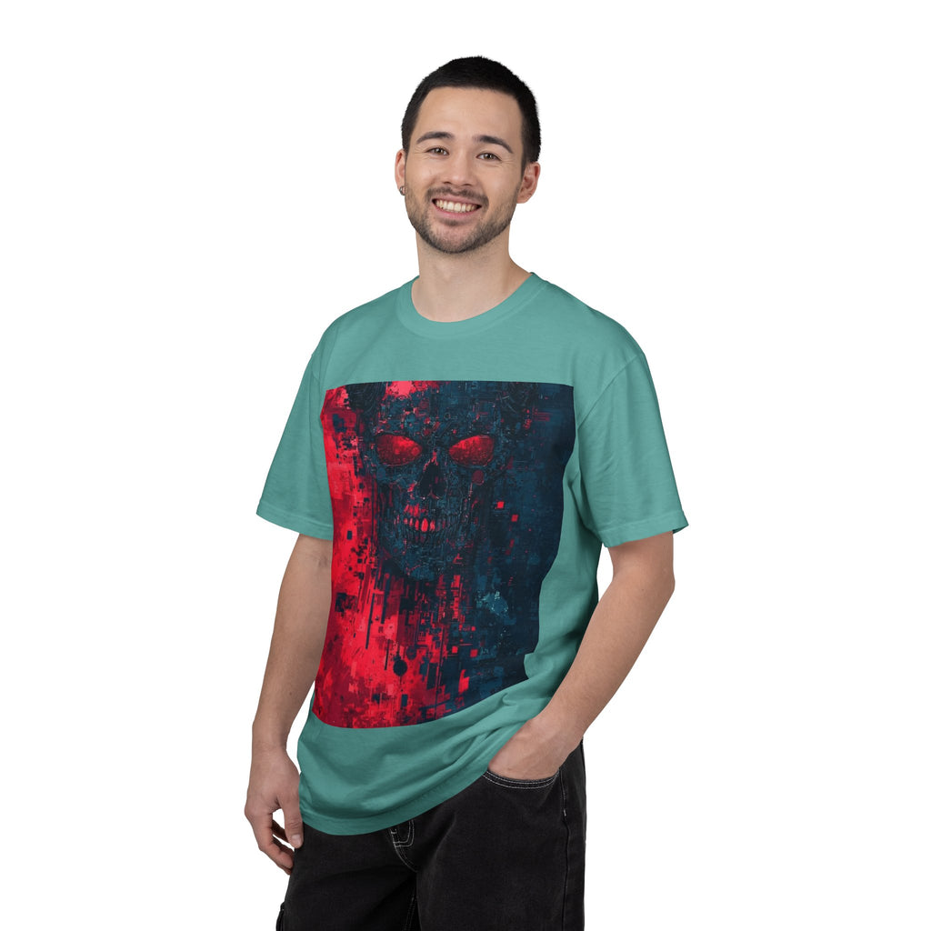 Skull Nebula Graphic T-Shirt — Red & Blue Grunge Horror Design