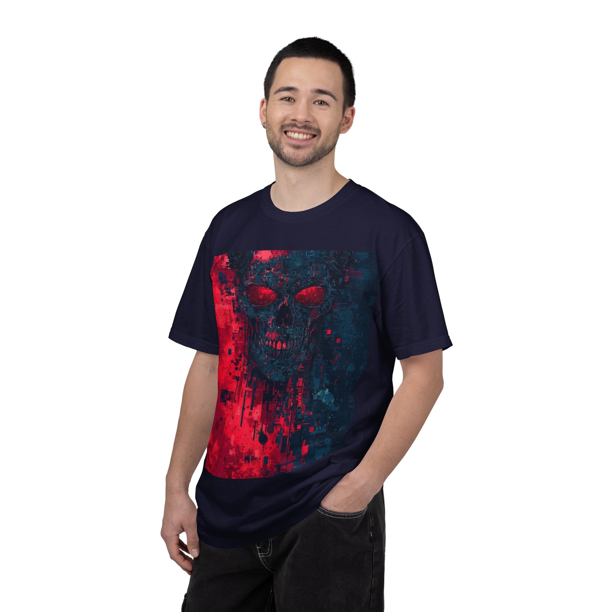 Skull Nebula Graphic T-Shirt — Red & Blue Grunge Horror Design