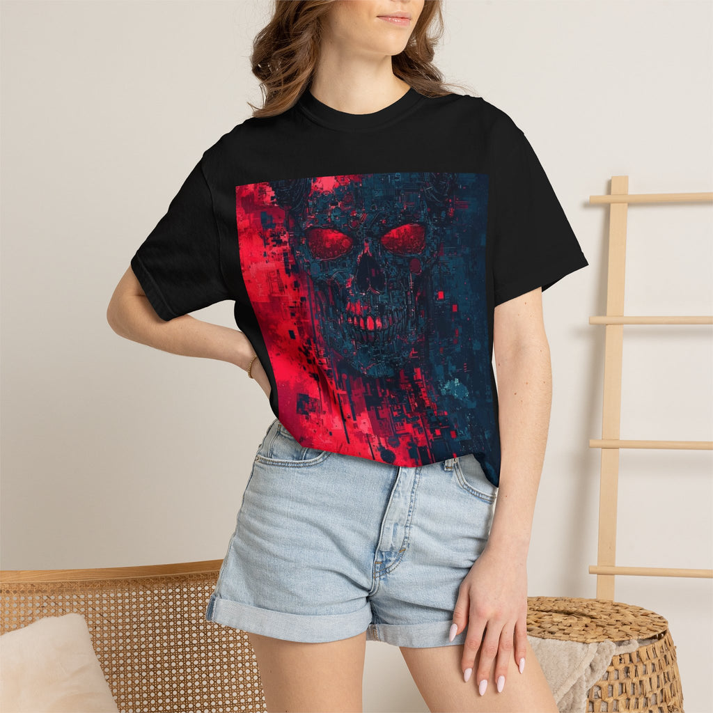 Skull Nebula Graphic T-Shirt — Red & Blue Grunge Horror Design