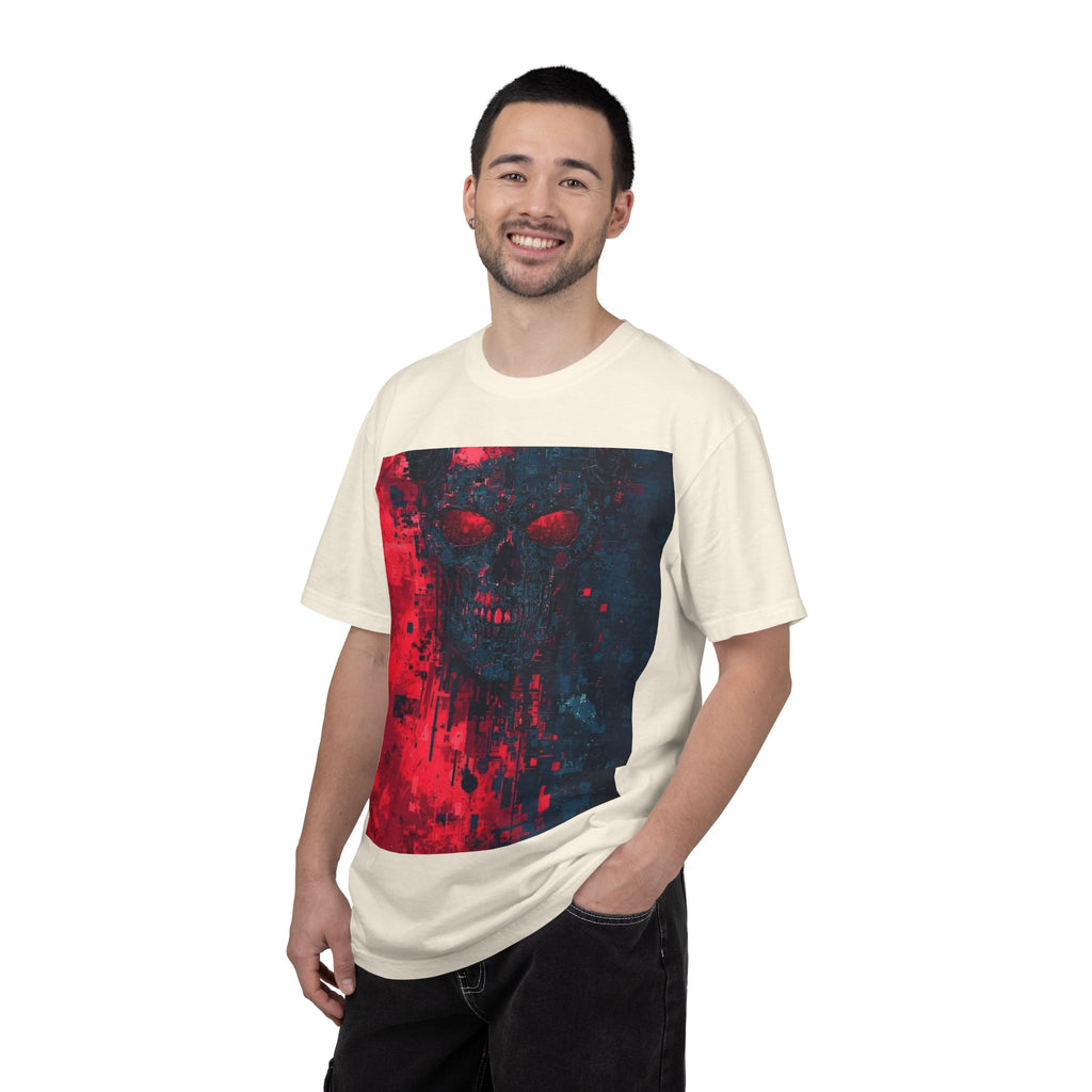 Skull Nebula Graphic T-Shirt — Red & Blue Grunge Horror Design