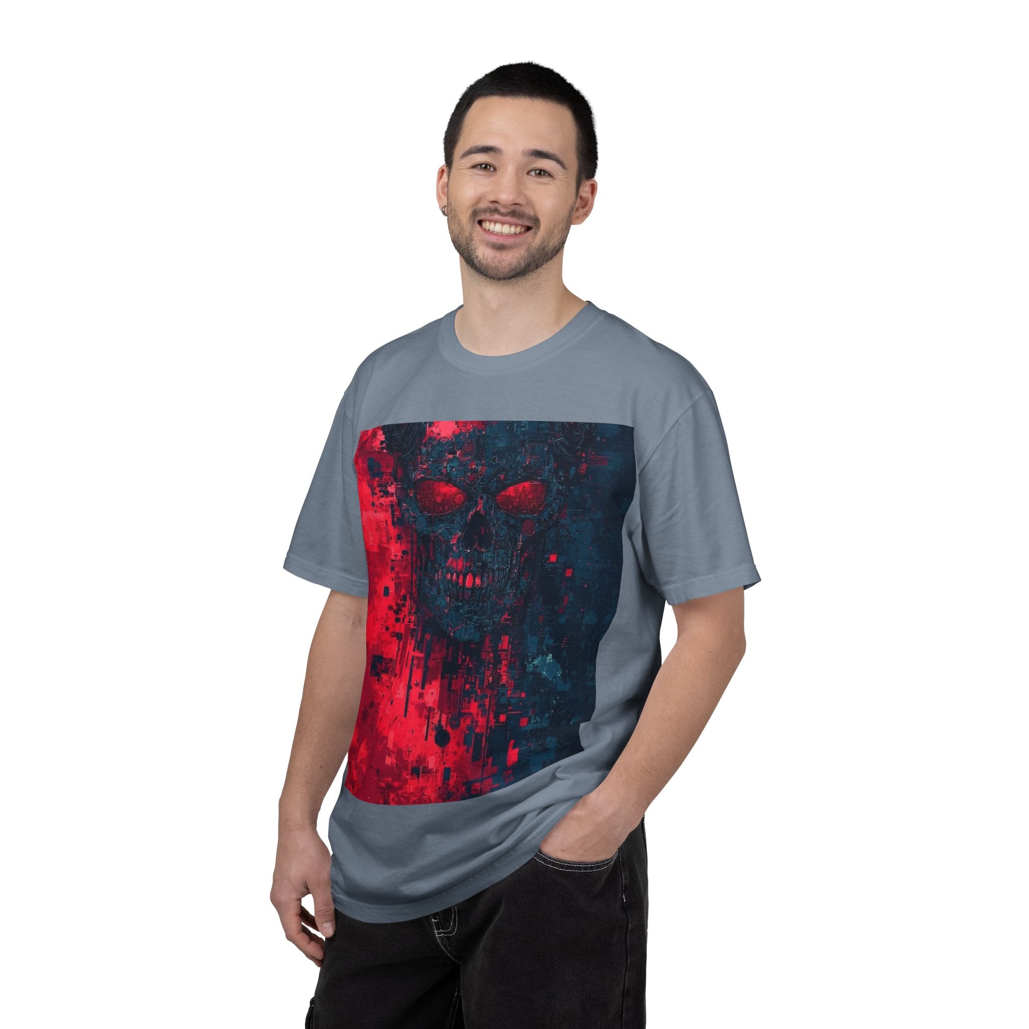 Skull Nebula Graphic T-Shirt — Red & Blue Grunge Horror Design