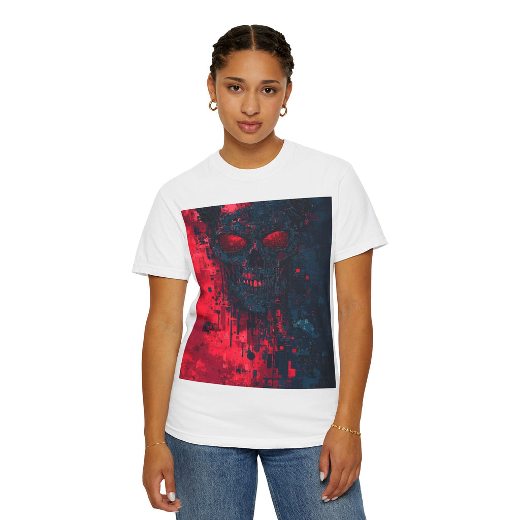 Skull Nebula Graphic T-Shirt — Red & Blue Grunge Horror Design
