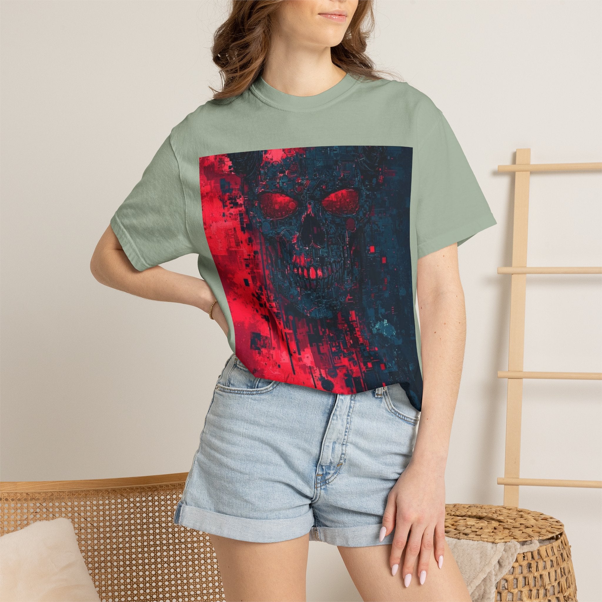 Skull Nebula Graphic T-Shirt — Red & Blue Grunge Horror Design