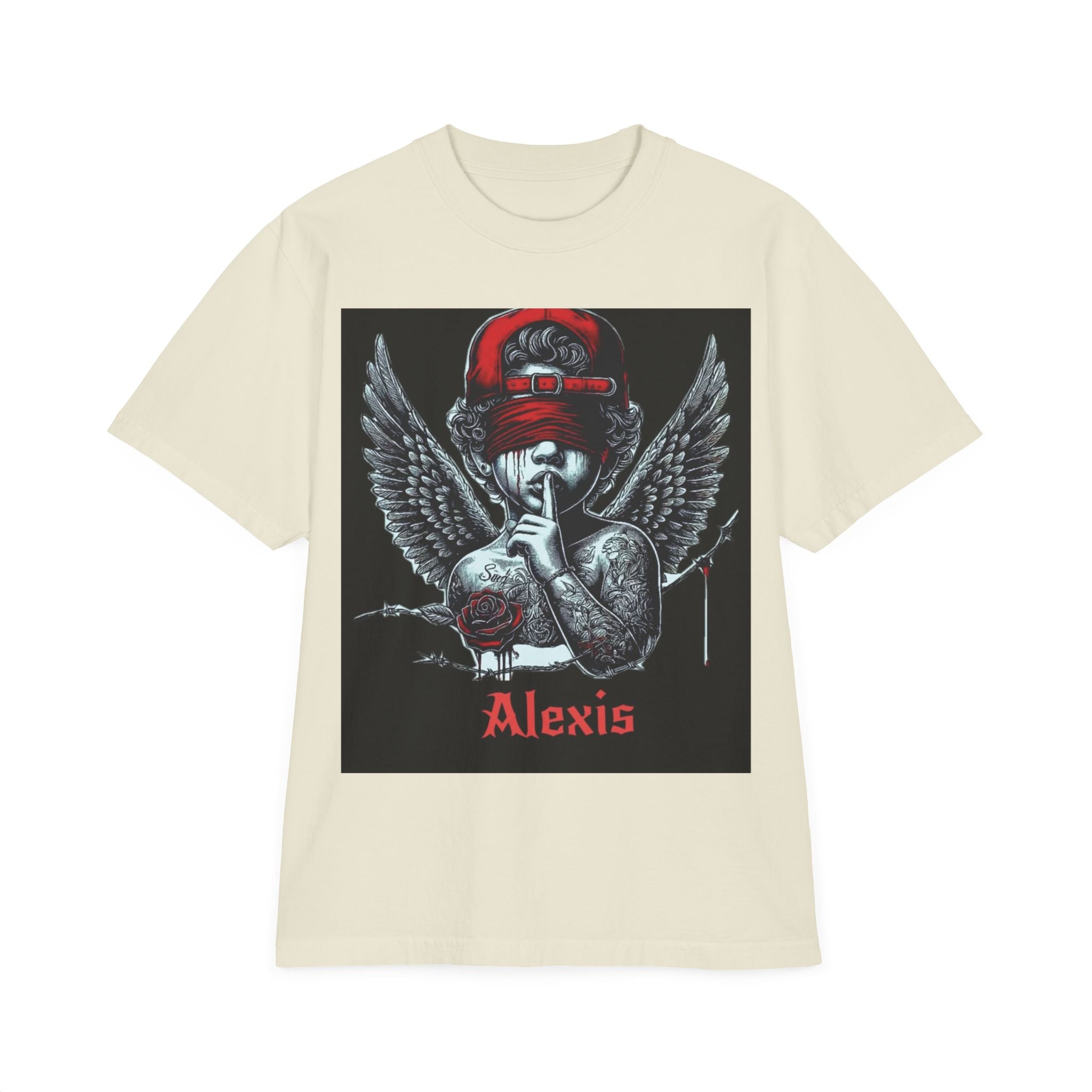 Alexis Angel Wings Graphic T-Shirt — 'Forgive Them Father' Back Print