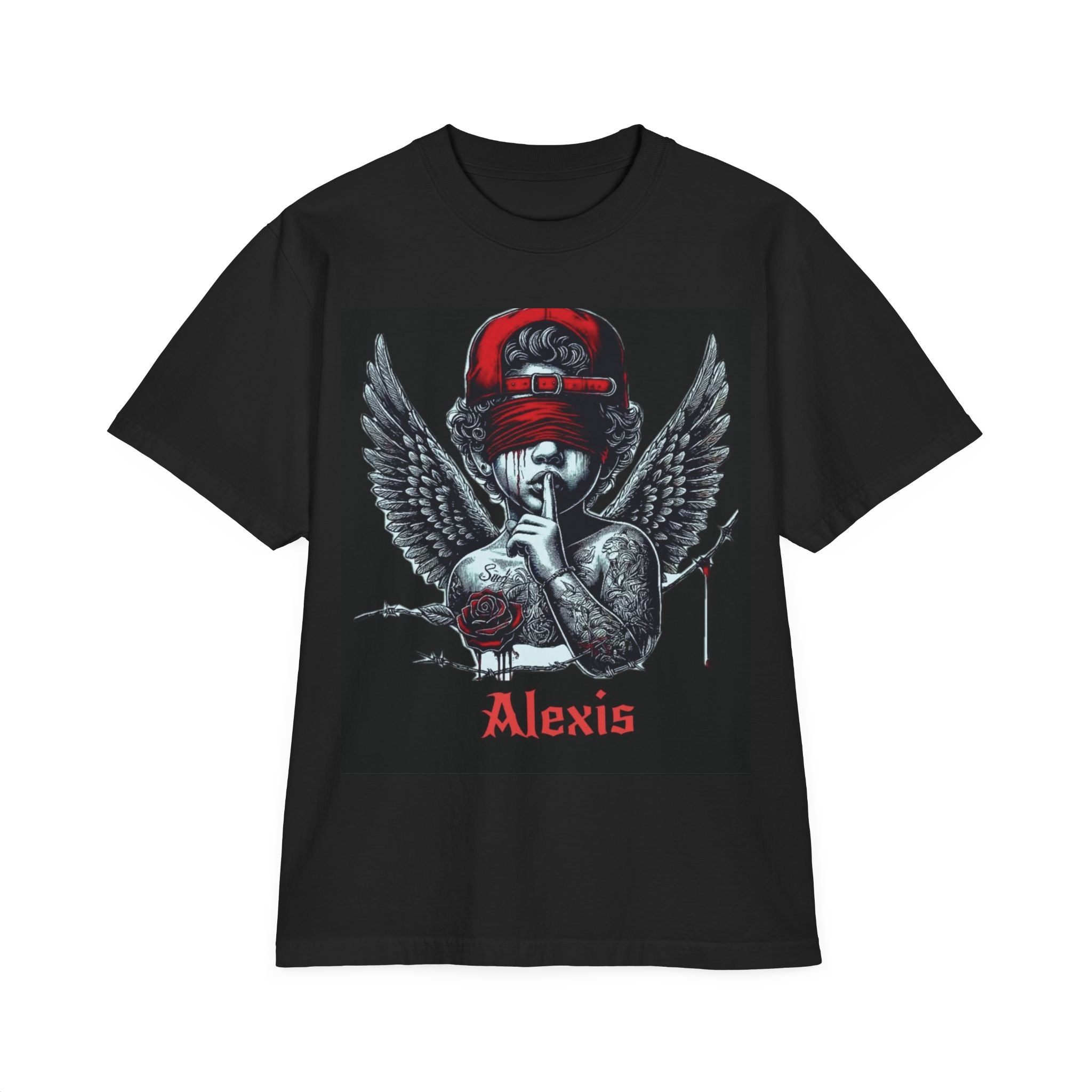 Alexis Angel Wings Graphic T-Shirt — 'Forgive Them Father' Back Print