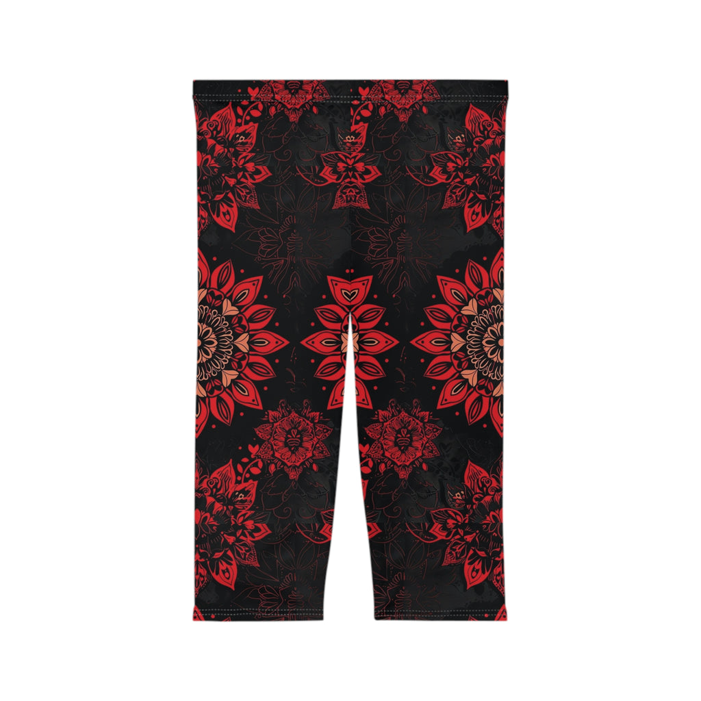 Red Mandala Capri Leggings — Floral Boho Yoga Capris for Women