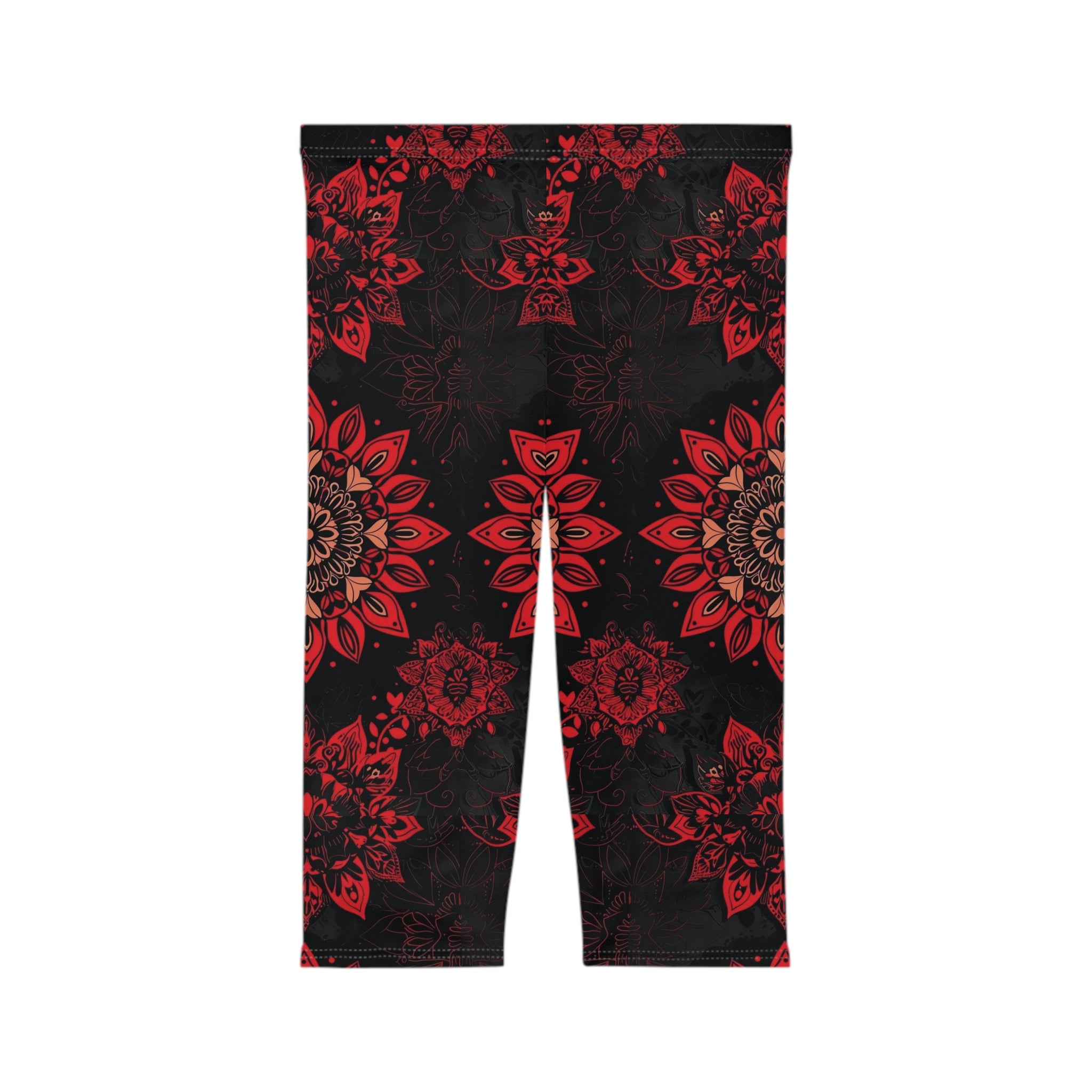 Red Mandala Capri Leggings — Floral Boho Yoga Capris for Women