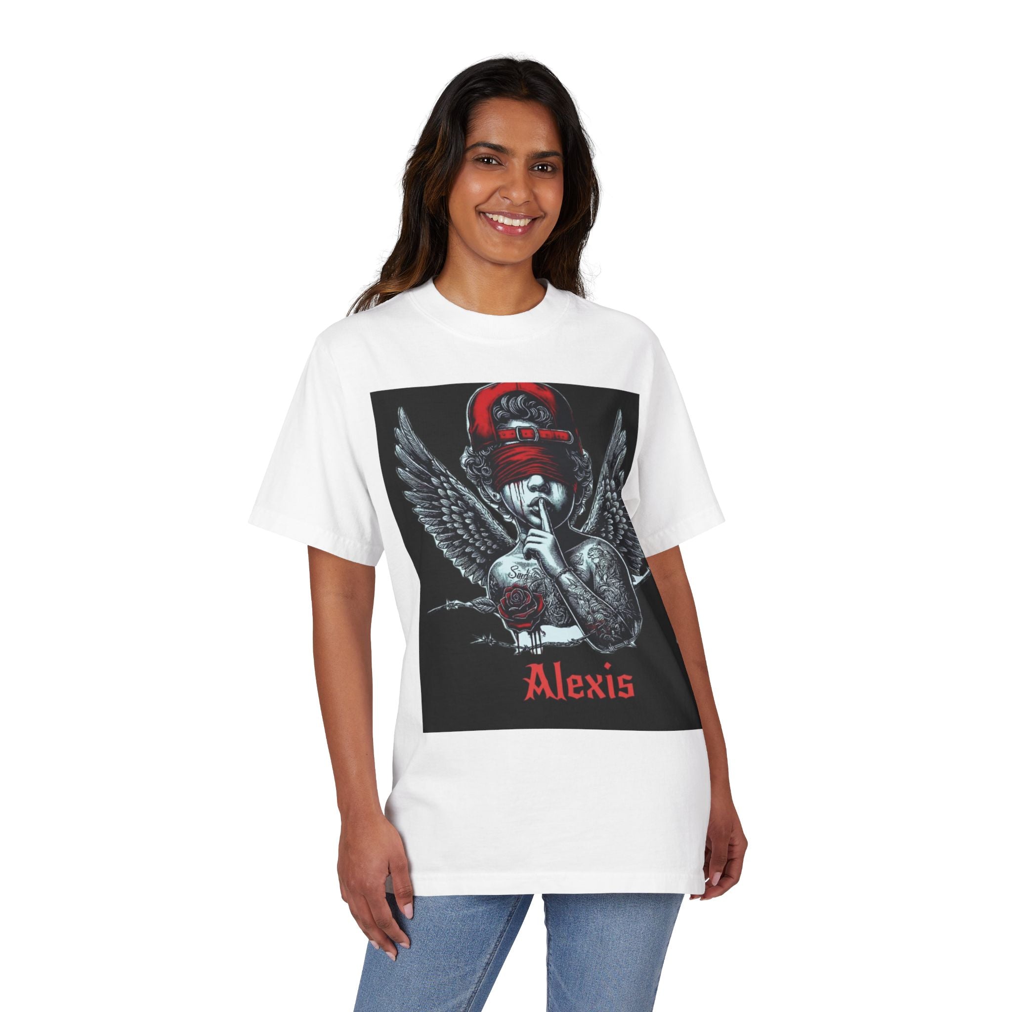 Alexis Angel Wings Graphic T-Shirt — 'Forgive Them Father' Back Print