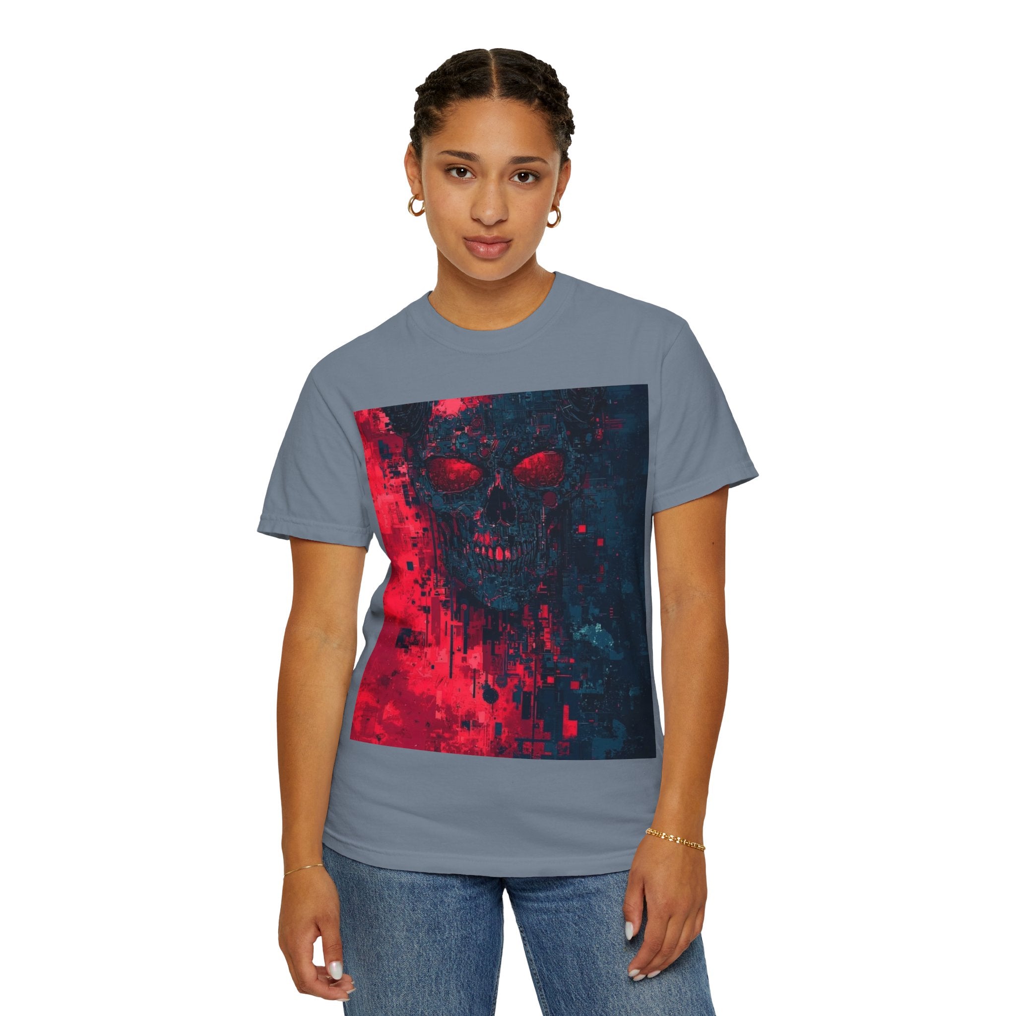 Skull Nebula Graphic T-Shirt — Red & Blue Grunge Horror Design