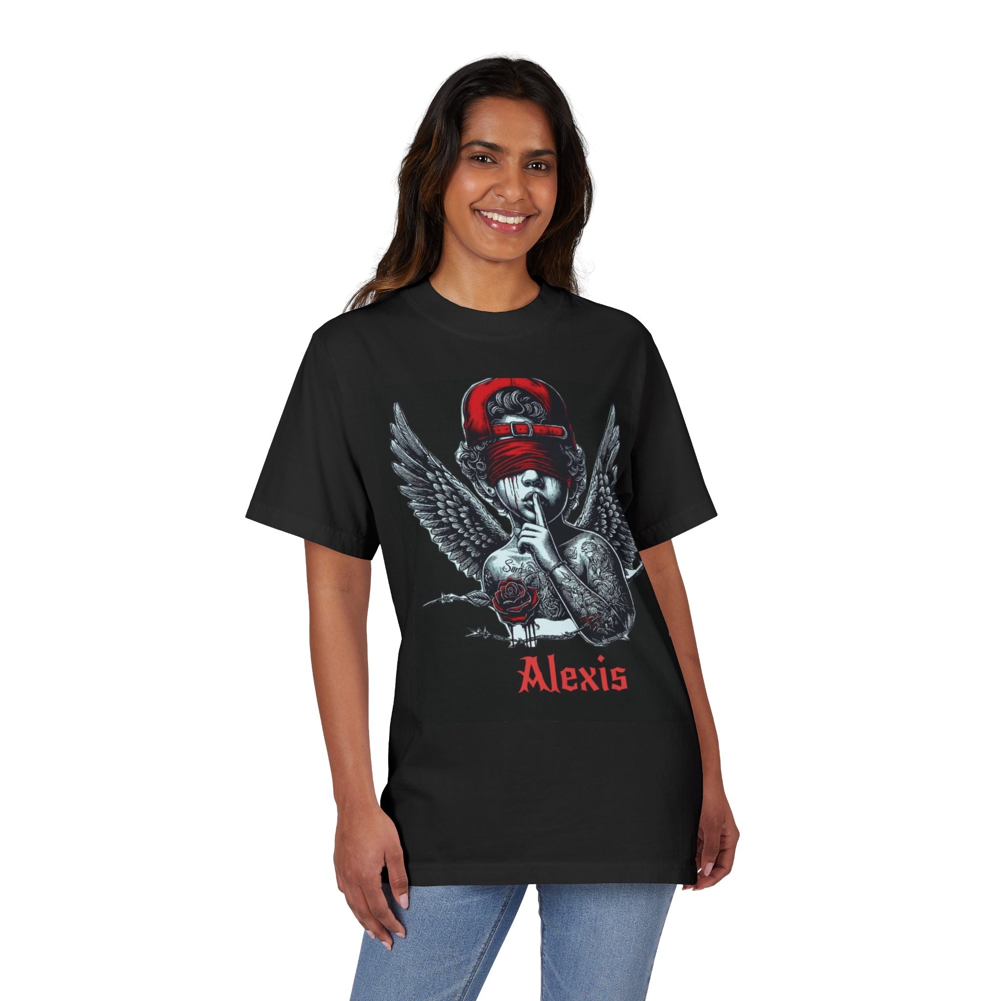 Alexis Angel Wings Graphic T-Shirt — 'Forgive Them Father' Back Print